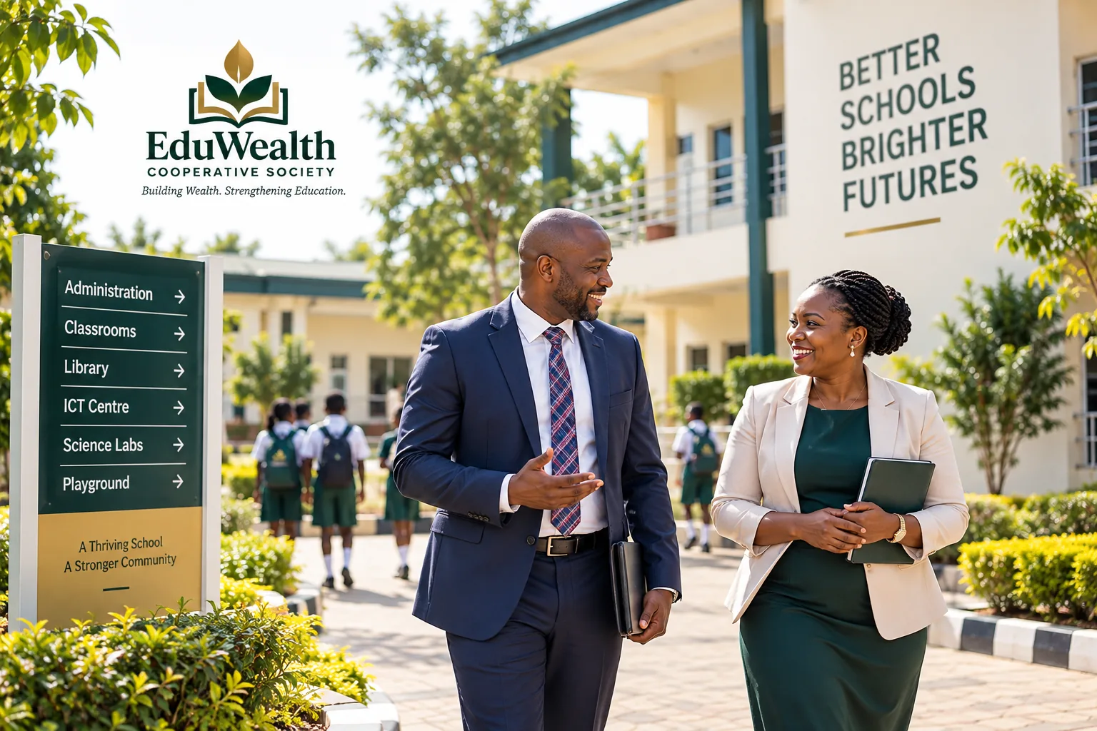 School leaders walking through a thriving school campus supported by stronger institutional planning